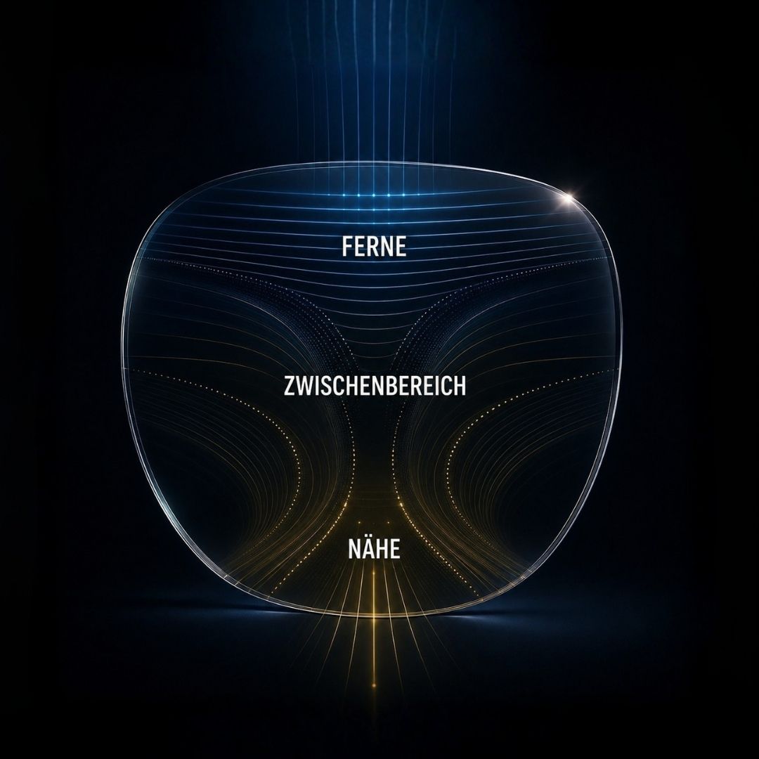 Gleitsichtglas mit den drei Sehbereichen Ferne, Zwischenbereich und Nähe