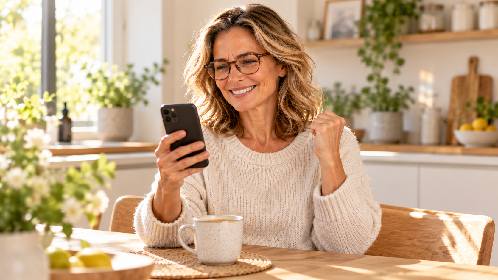 Frau freut sich über ihre Bestätigung am Smartphone