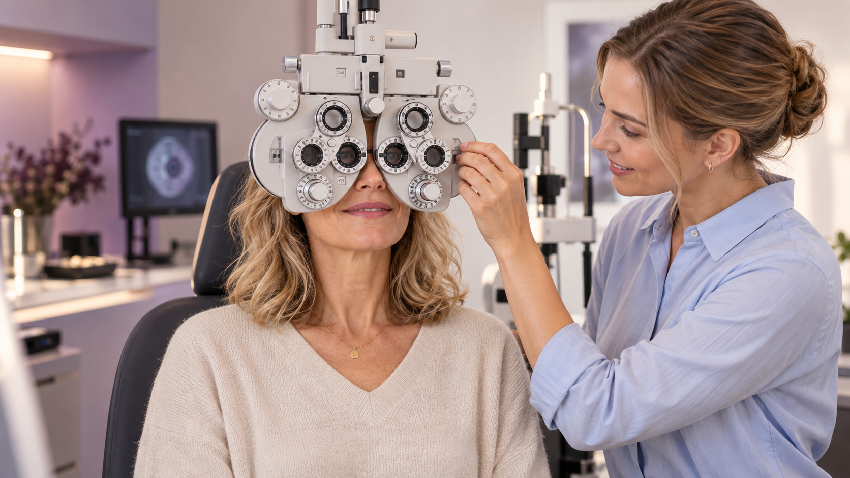 Optikerin führt einen Seh-Check durch